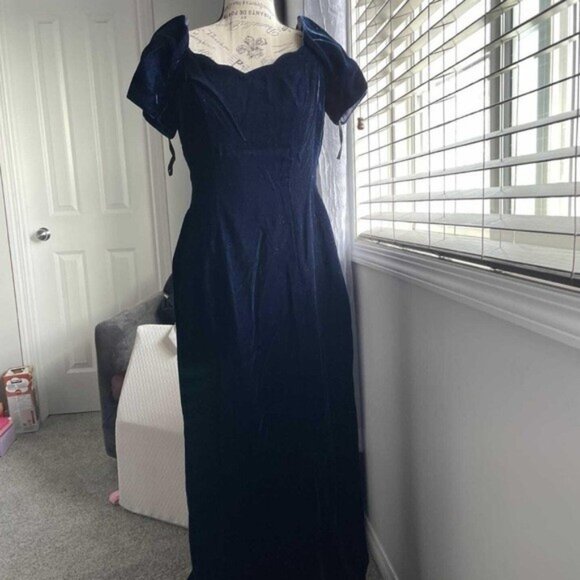 Williams Dark Blue Lined Velvet Maxi Dress with Slit Plunging Scallop Neckline S - Picture 2 of 16